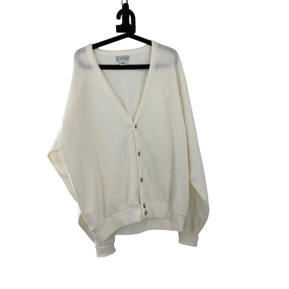 Vintage Izod Mens XLT Tall White Cardigan Sweater Button-Up Embroidered Logo USA - Picture 1 of 7